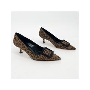 Manolo Blahnik Leopard Calfskin Suede Maysale Buckle Kitten Heel Pumps IT 39